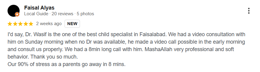 Dr. Wasif Iqbal 4.9 Star Google Review - Top Rated Pediatrician in Faisalabad