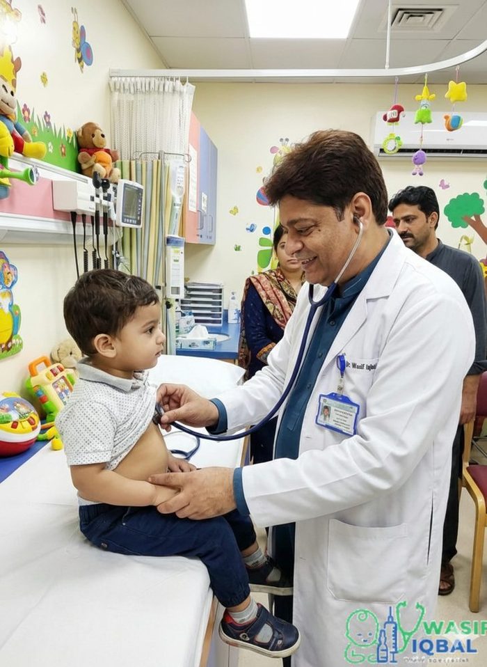 Dr. Wasif Iqbal examining a child at his clinic